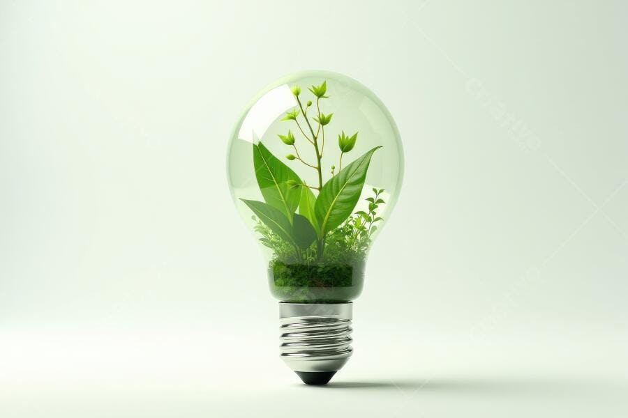 Foto Lâmpada com Planta Crescendo Conceito Sustentabilidade