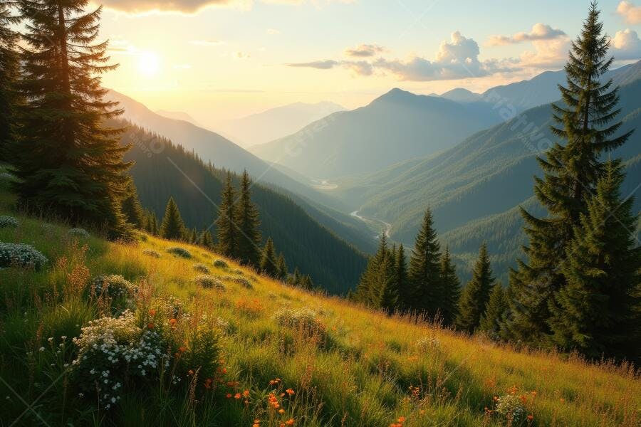 Foto Paisagem Montanhas Alpes Vale Pôr do Sol Dourado