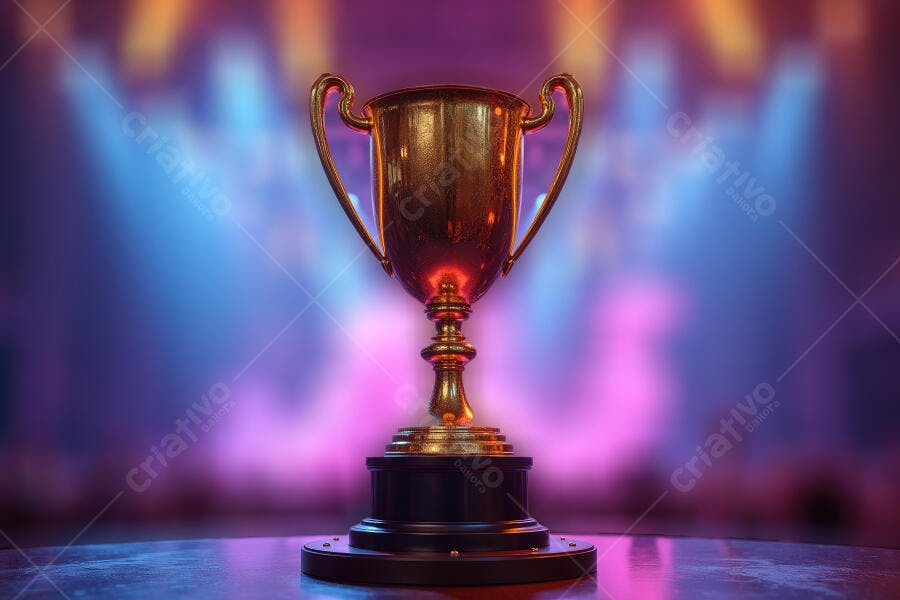 Foto Troféu Dourado Brilhante Fundo Neon Azul Roxo