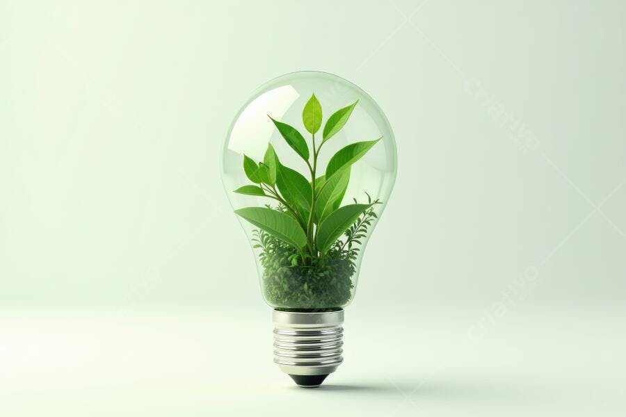 Foto Lâmpada com Planta Crescendo Conceito Sustentabilidade