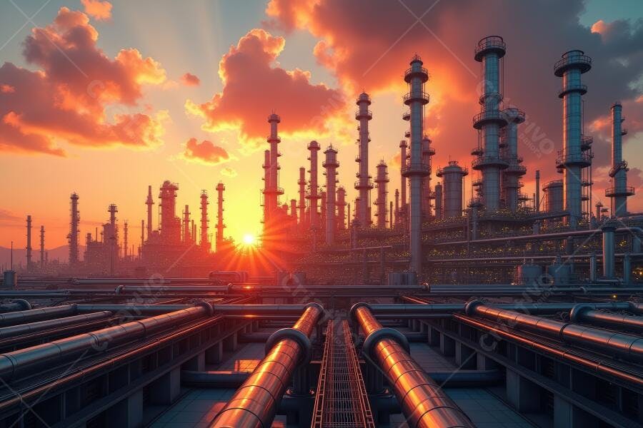 Foto Refinaria Petróleo Indústria Energia Pôr do Sol Céu Laranja
