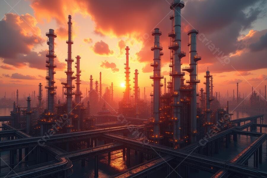 Foto Fábrica Industrial Chaminés Poluição Pôr do Sol Laranja