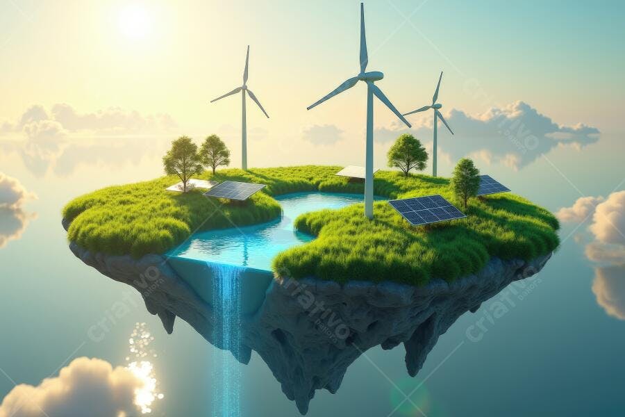 Foto Ilha Flutuante Energia Eólica Solar Céu Azul