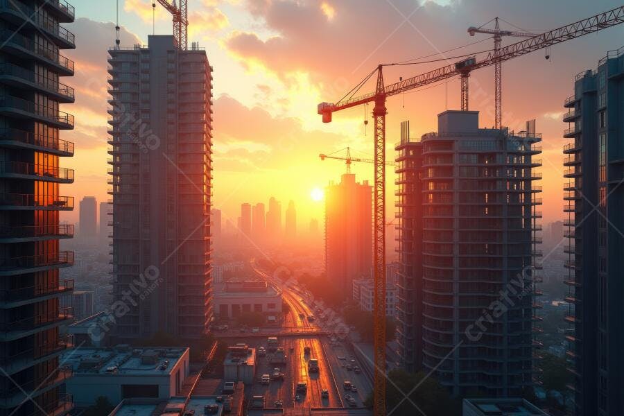Foto Construção Prédios Guindastes Pôr do Sol Urbano