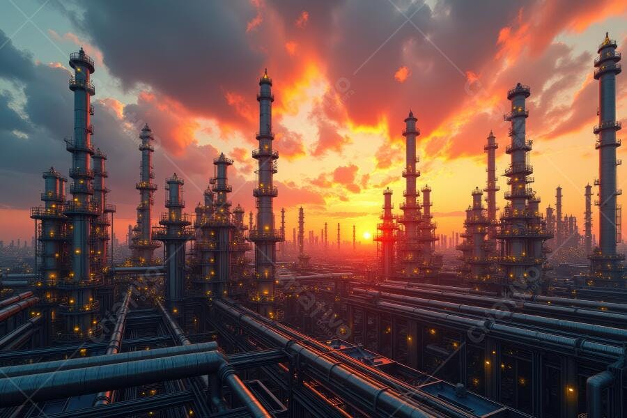 Foto Refinaria Industrial Pôr do Sol Céu Laranja Vibrante