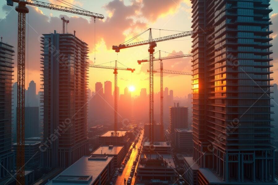 Foto Construção Prédios Arranha-Céus Guindastes Pôr do Sol Urbano