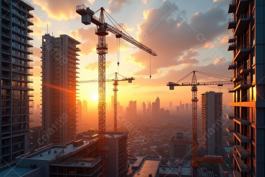 Foto Construção Prédios Guindastes Pôr do Sol Urbano