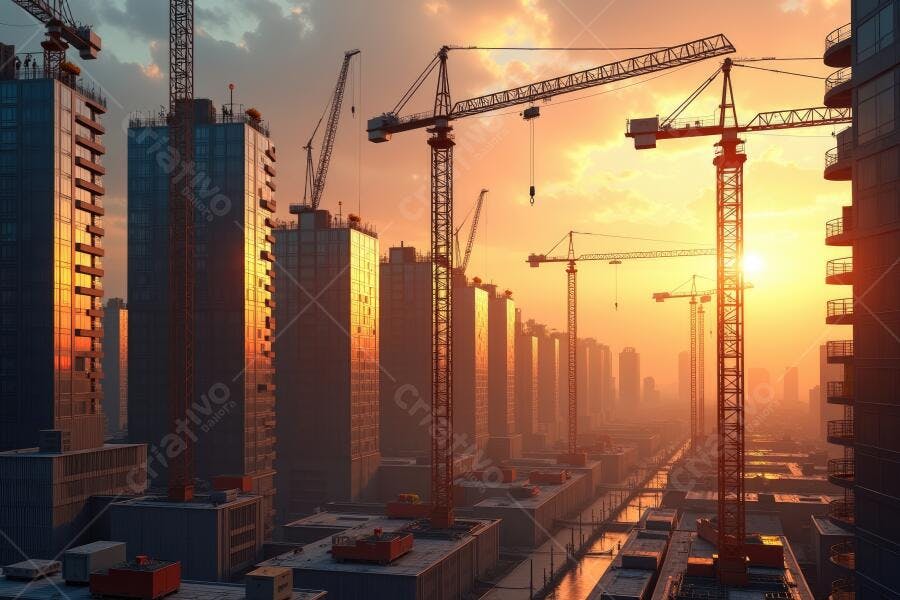 Foto Canteiro de Obras Urbano Guindastes Pôr do Sol Dourado