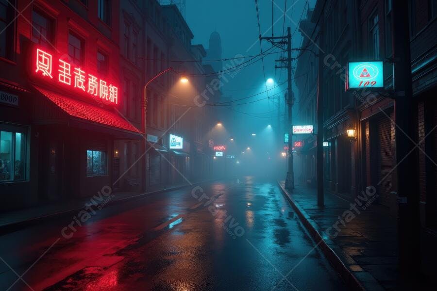 Foto Rua Urbana Noturna Chuvosa com Luzes Neon e Neblina