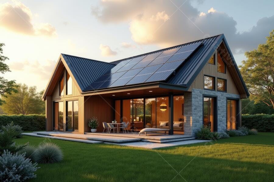 Foto Casa Moderna Painéis Solares Jardim Verde Pôr do Sol