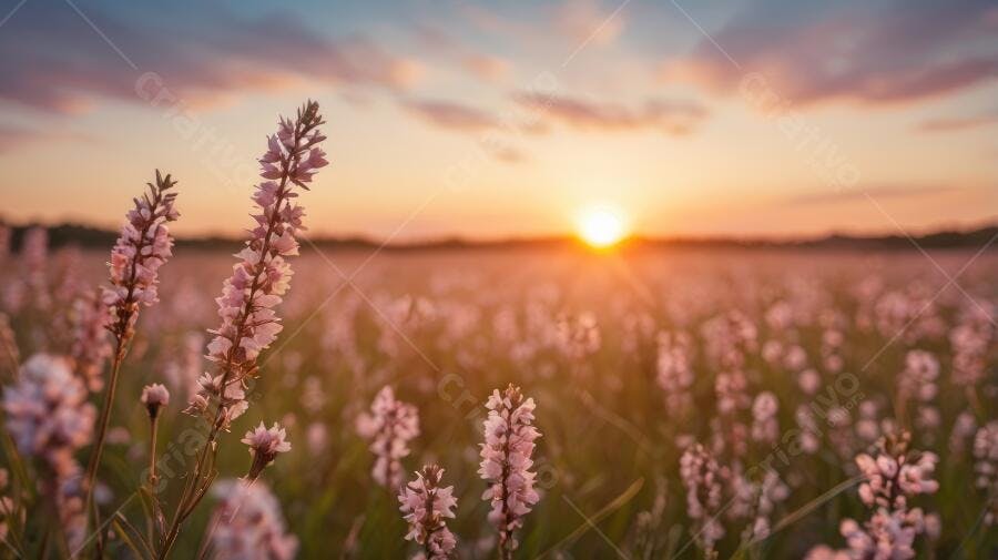 Foto Campo de Flores Roxas ao Pôr do Sol Dourado Natureza