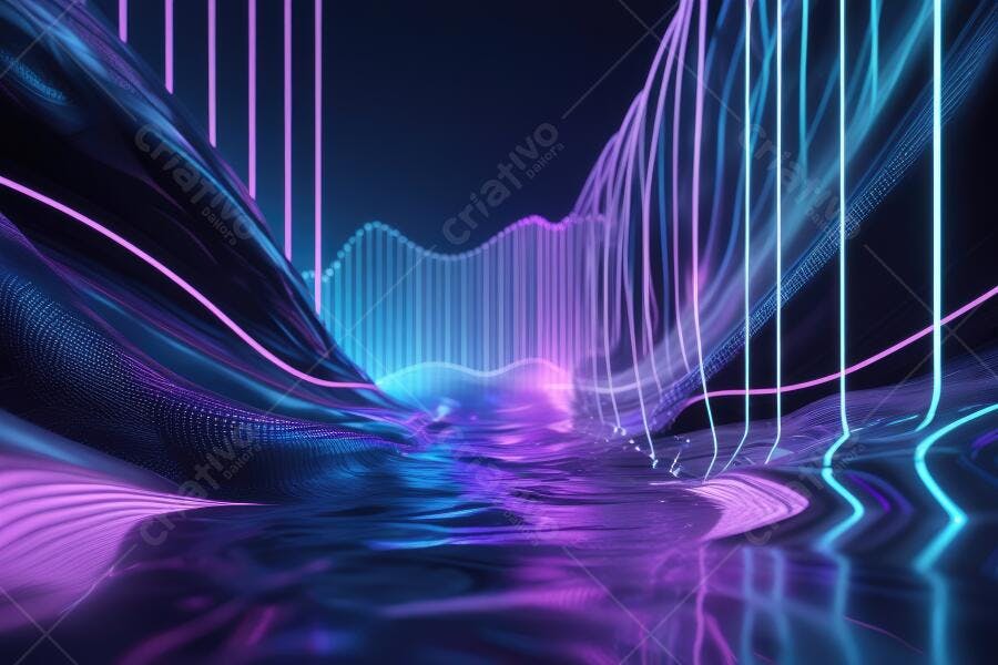 Foto Abstrata Ondas Digitais Neon Azul Roxo Fundo