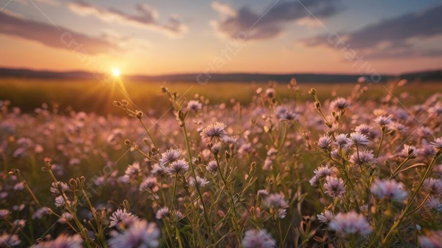 Foto Campo de Flores Silvestres Pôr do Sol Dourado Natureza
