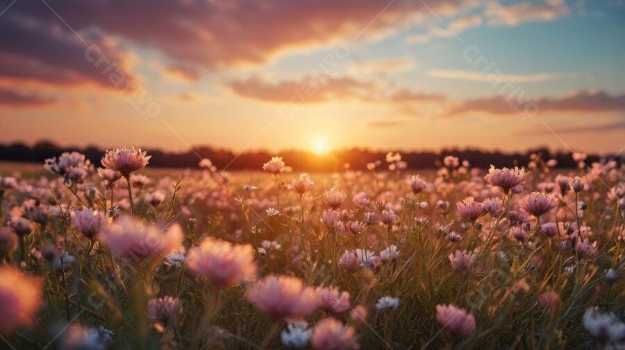 Foto Campo de Flores Rosas ao Pôr do Sol Dourado Natureza