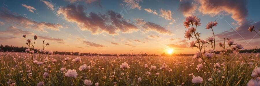 Foto Campo de Flores ao Pôr do Sol Céu Dourado