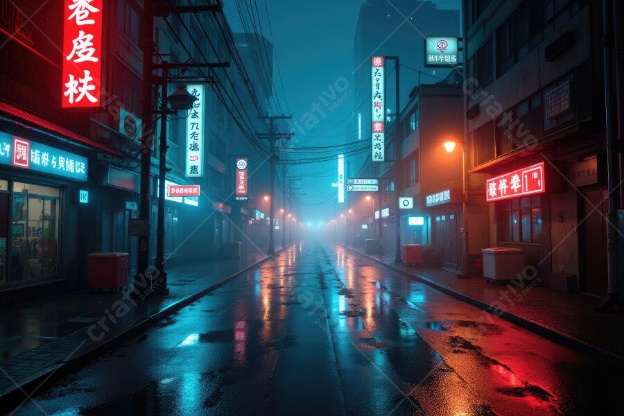 Foto Rua Noturna Tóquio Neon Chuva Reflexos Azuis e Vermelhos