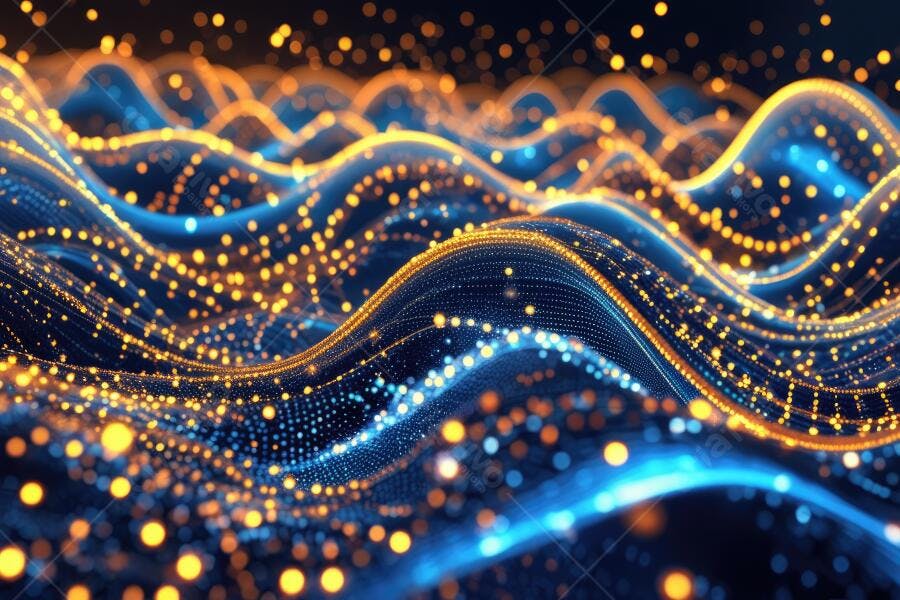 Foto Abstrata Ondas Digitais Pontos de Luz Azul e Dourado