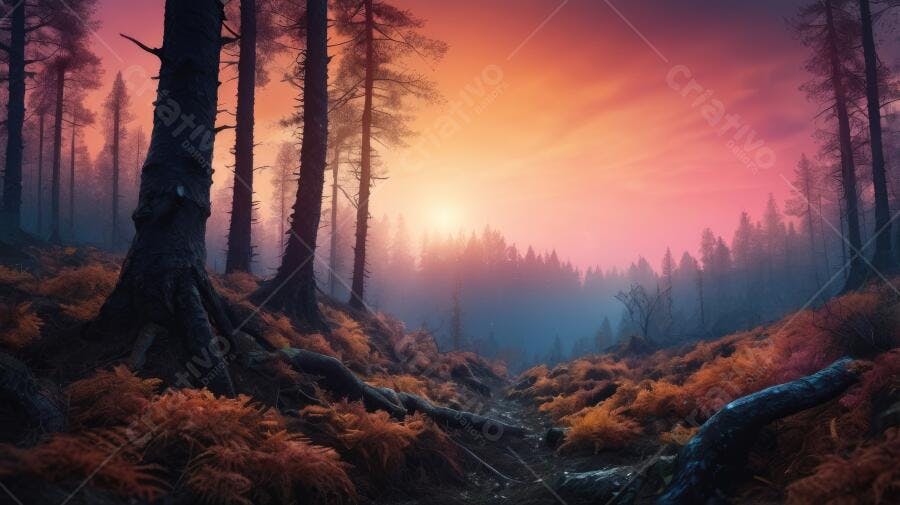 Foto Floresta Misteriosa Pôr do Sol Neblina Laranja Rosa