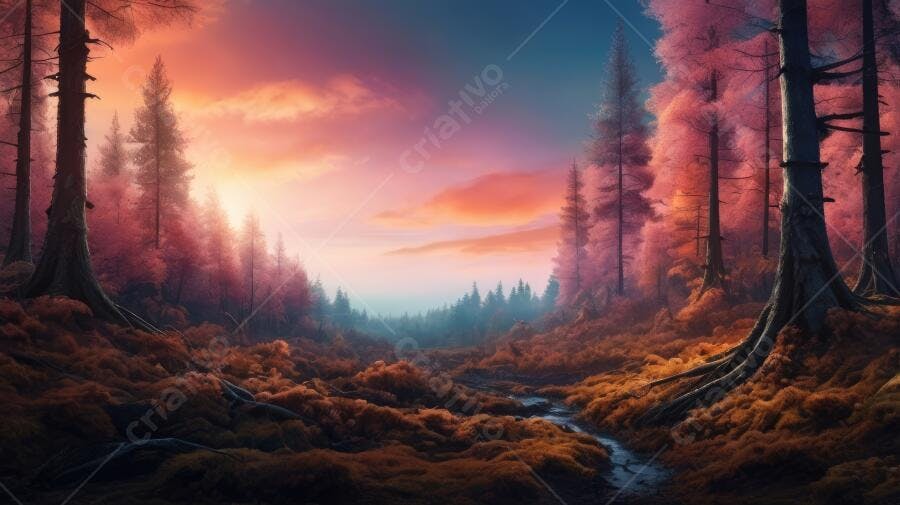 Foto Floresta Mística Outono Árvores Rosadas Por do Sol