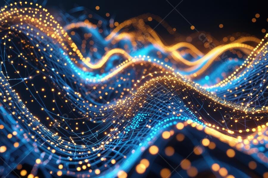 Foto Abstrata Ondas Digitais Pontos de Luz Azul e Laranja