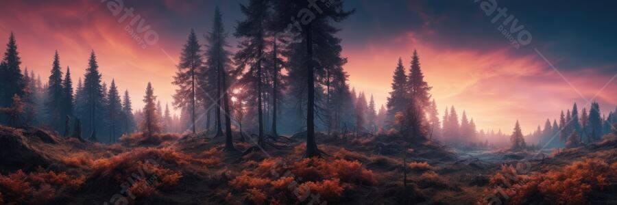 Foto Floresta Pinheiros Neblina Por do Sol Laranja Azul
