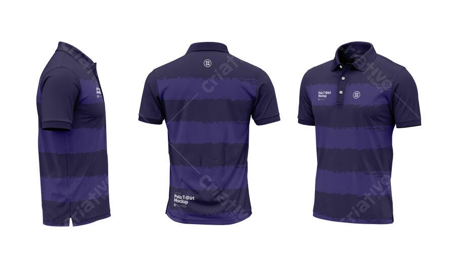 Mockup Camisa Polo Masculina Listrada Frente Verso Lateral Editável