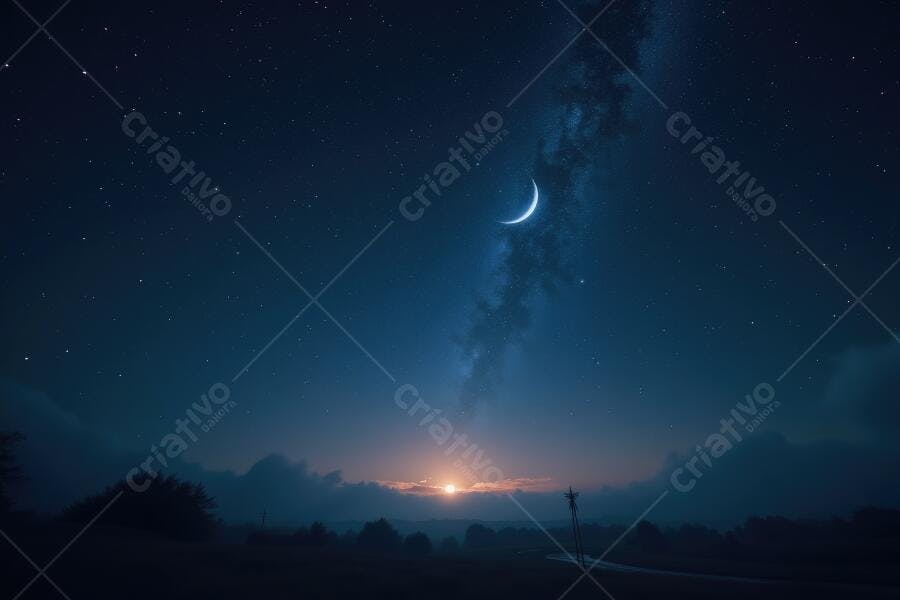 Foto Céu Noturno Estrelado Lua Crescente Nascer do Sol