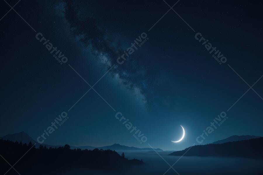 Foto Noite Estrelada Lua Crescente Montanhas Neblina Céu Azul Escuro