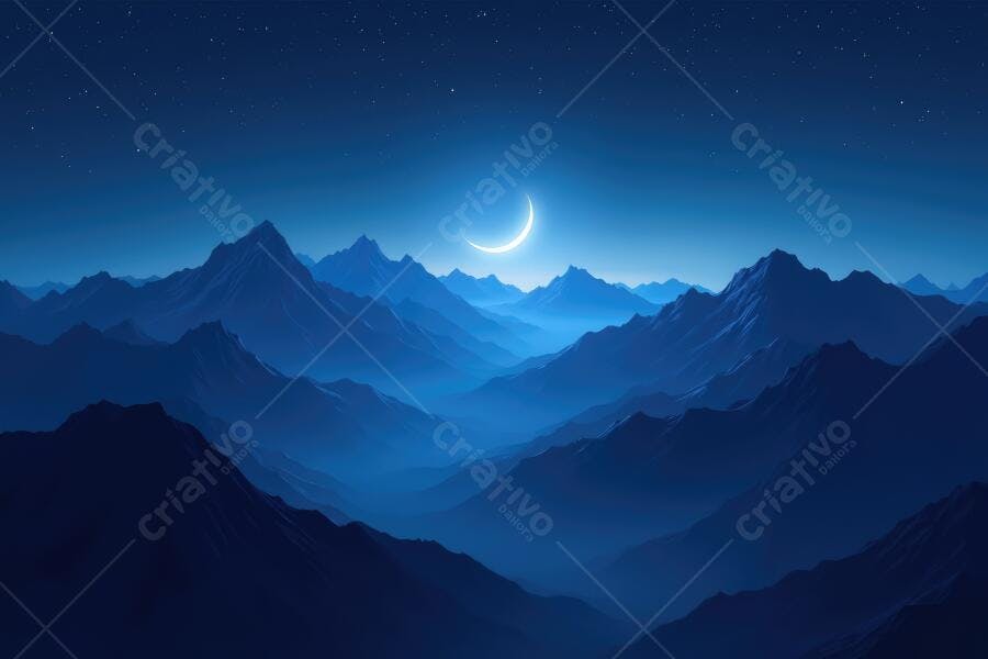 Foto Montanhas Azuis Luar Crescente Noite Estrelada