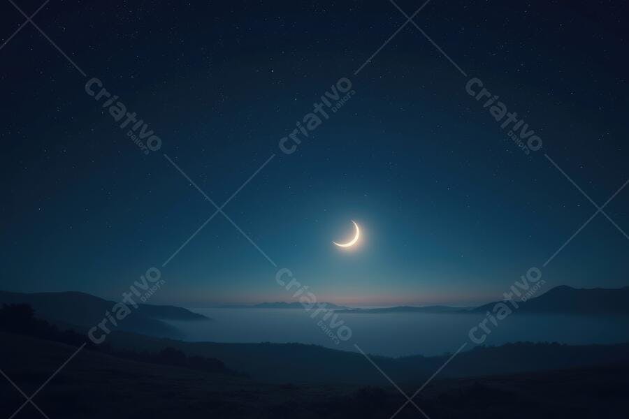 Foto Lua Crescente Céu Noturno Estrelado Montanhas e Névoa