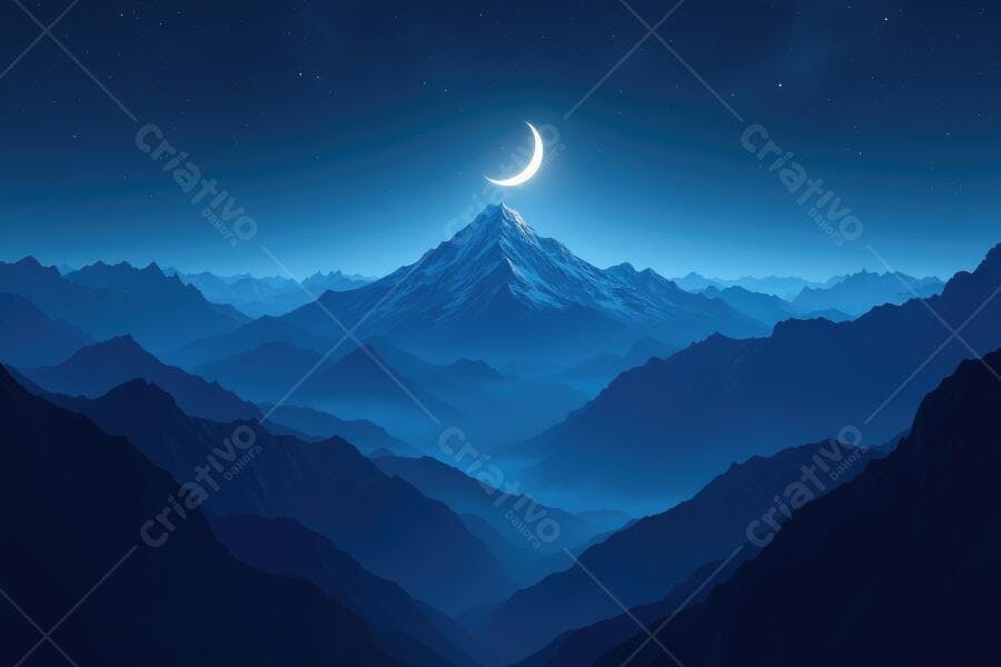 Foto Montanhas Azuis Noite Lua Crescente Estrelas Céu Noturno