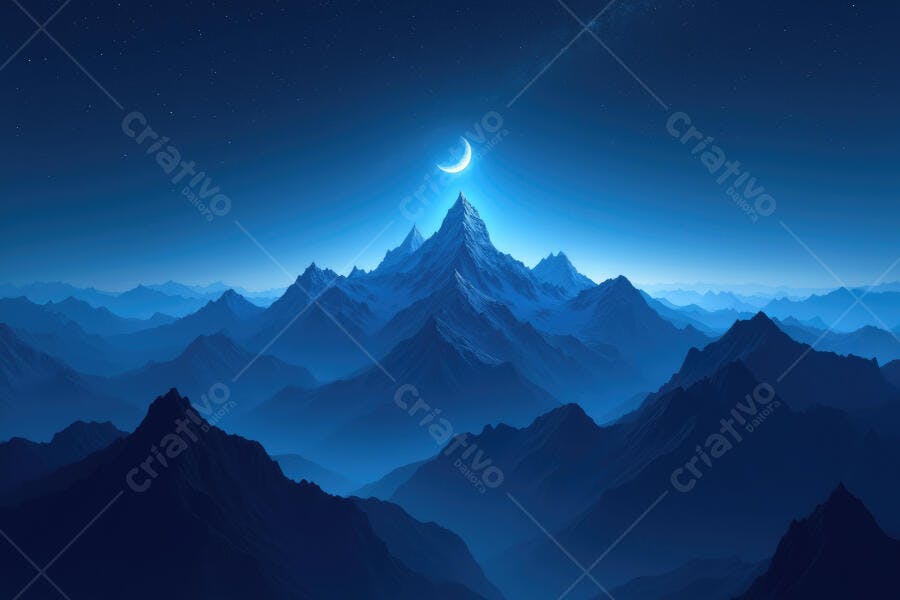 Foto Montanhas Noturnas Lua Crescente Céu Estrelado Azul Escuro