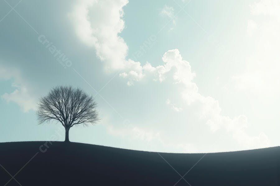 Foto Árvore Solitária Sem Folhas em Colina Céu Azul Nublado