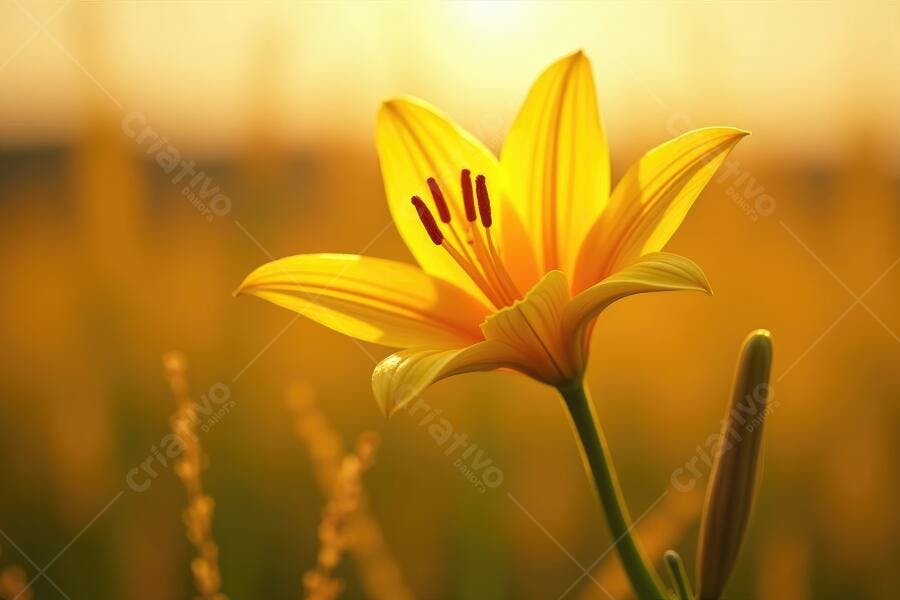 Foto Lírio Amarelo Flor Dourada Campo ao Pôr do Sol