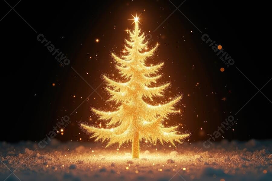 Foto Árvore de Natal Dourada Brilhante Fundo Escuro Neve