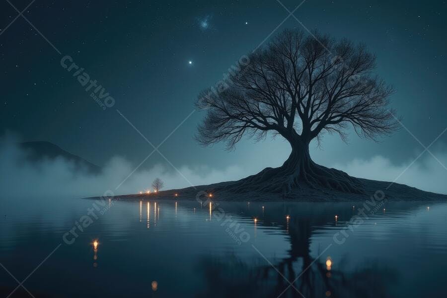 Foto Árvore Solitária Noite Estrelada Lago Reflexo