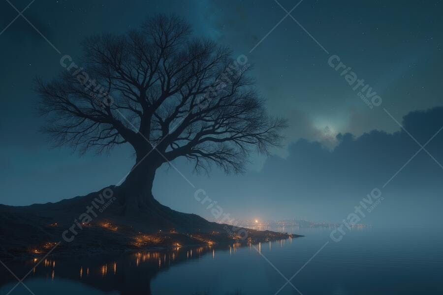 Foto Árvore Solitária Noite Estrelada Beira Lago Reflexo