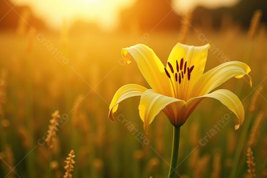 Foto Lírio Amarelo Dourado Campo ao Pôr do Sol Natureza