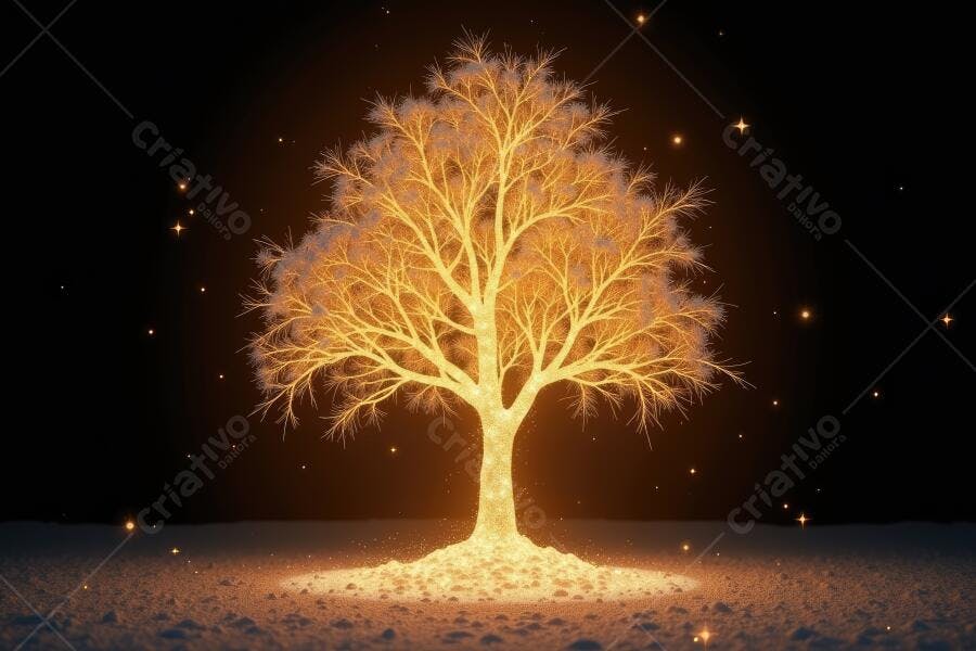 Foto Árvore Brilhante Dourada Noite Escura Mágica