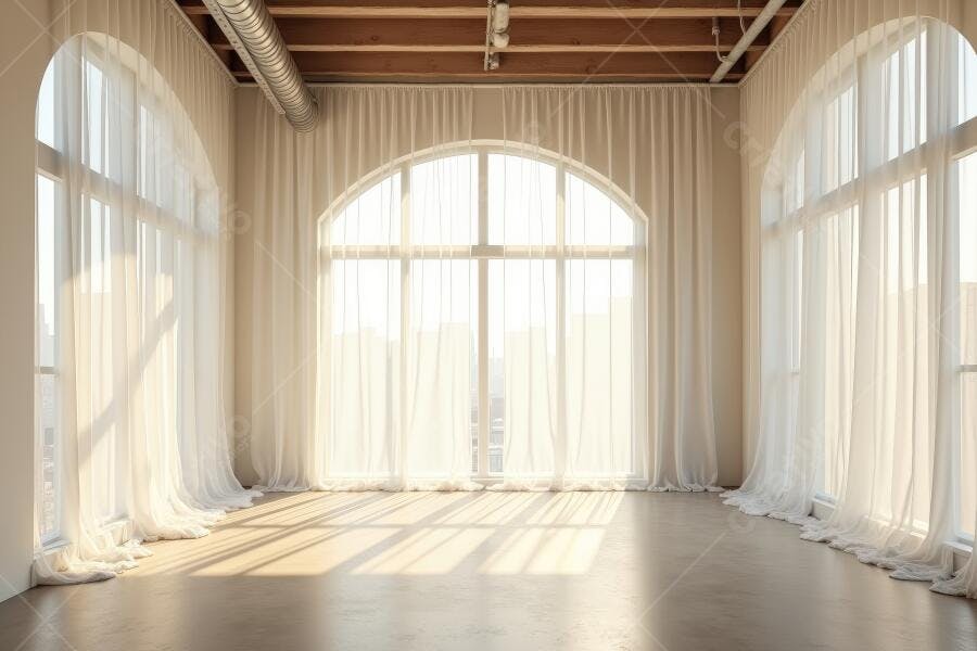 Foto Sala Vazia Janelas Grandes Cortinas Brancas Iluminação Natural