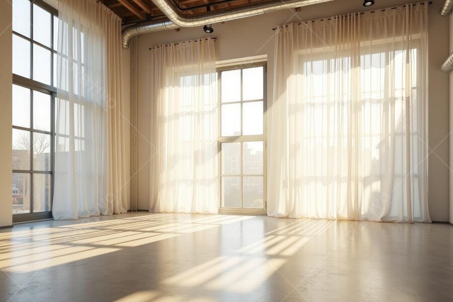 Foto Sala Vazia Janelas Grandes Luz Natural Cortinas Brancas