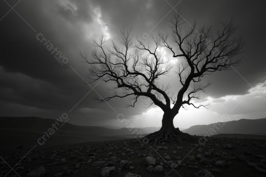 Foto Árvore Seca Solitária Paisagem Sombria Céu Nublado