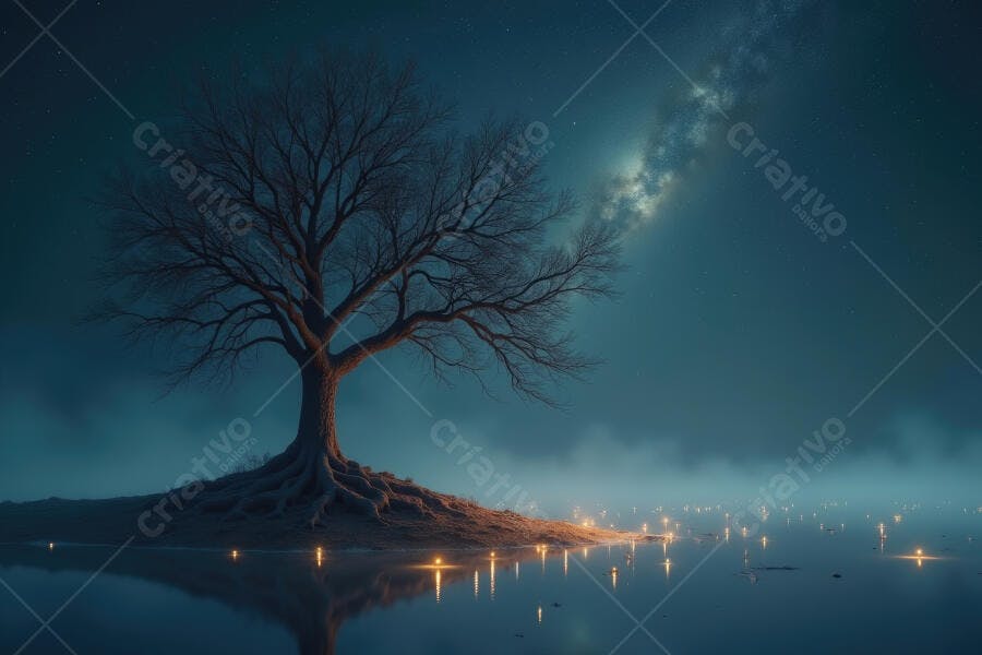 Árvore Solitária Noite Estrelada Reflexo na Água Mística