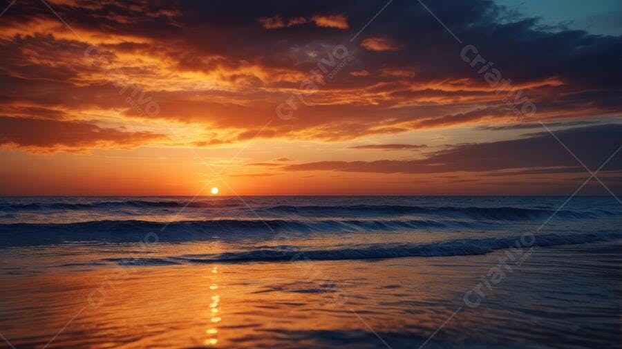 Foto Pôr do Sol no Mar com Céu Alaranjado e Ondas