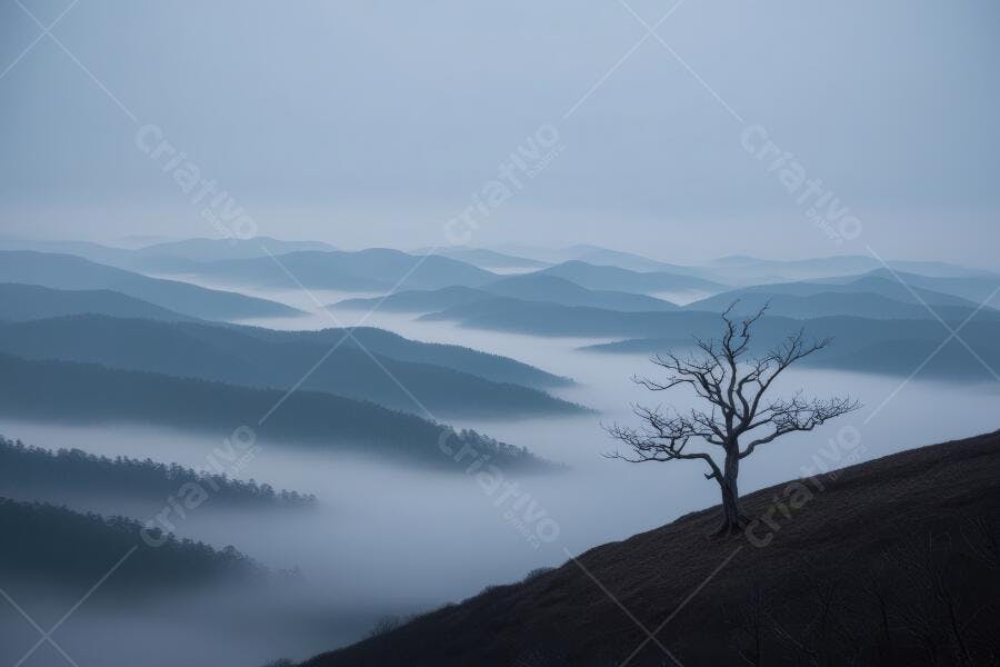 Foto Árvore Solitária Montanhas Nevoeiro Amanhecer Paisagem