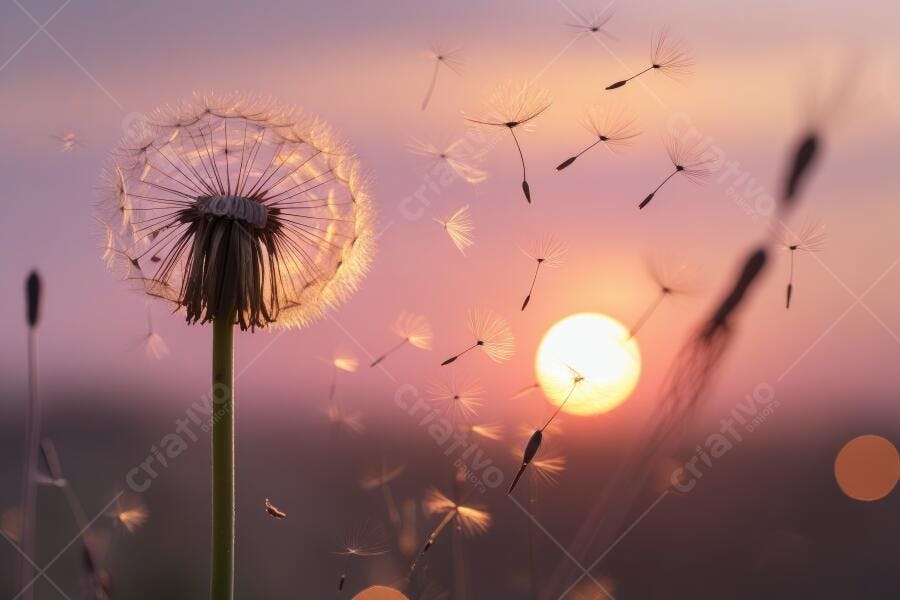 Foto Dente-de-Leão Sementes Voando Pôr do Sol Dourado Natureza