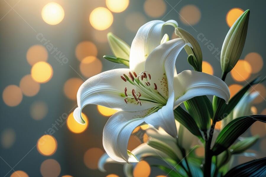 Foto Lírio Branco Florido Fundo Bokeh Dourado Iluminação Suave