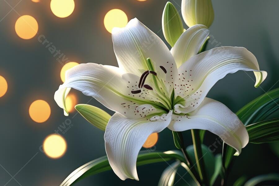 Foto Lírio Branco Florido com Botões Fundo Bokeh Dourado