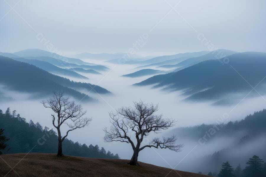 Foto Paisagem Montanhas Nevoeiro Árvores Secas Inverno