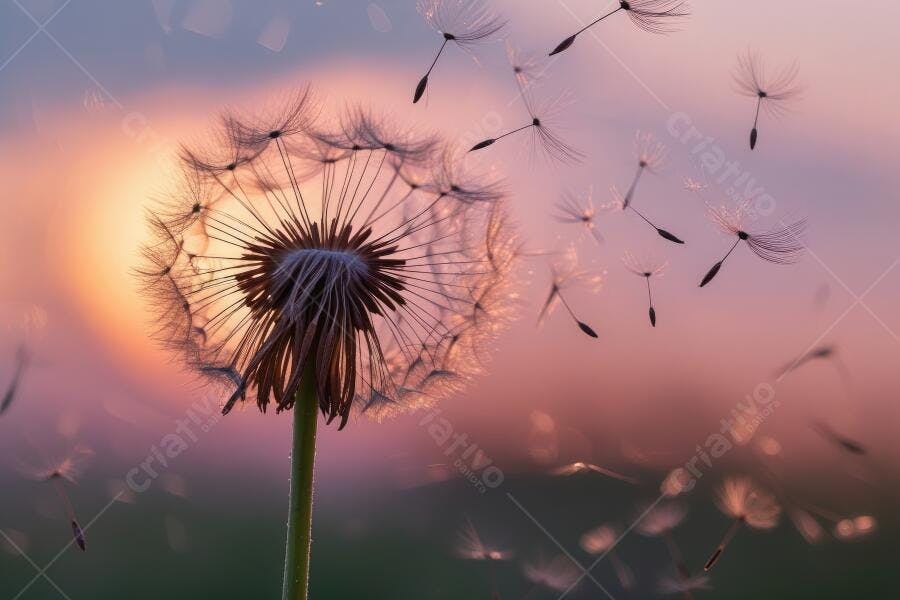Foto Dente de Leão Sementes Voando Pôr do Sol Natureza